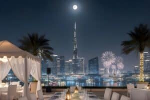A luxury rooftop Iftar setup in Dubai featuring a white dining tent, glowing lanterns, and a view of the Burj Khalifa under a full moon with fireworks.