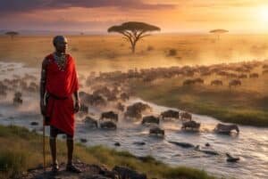 Maasai warrior overlooking wildebeest Great Migration river crossing in Maasai Mara, Kenya, at sunset.