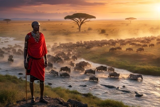 Maasai warrior overlooking wildebeest Great Migration river crossing in Maasai Mara, Kenya, at sunset.