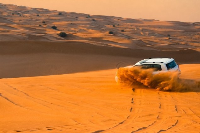 A white 4x4 SUV performing dune bashing in the golden Dubai desert sands during a UAE safari tour.