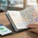 Open passport with global travel stamps and a phone displaying an approved visa application for travel history.
