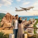A couple with luggage pointing at a plane over Dubai, with short-haul destinations including Petra, Tbilisi, and the Maldives in the background